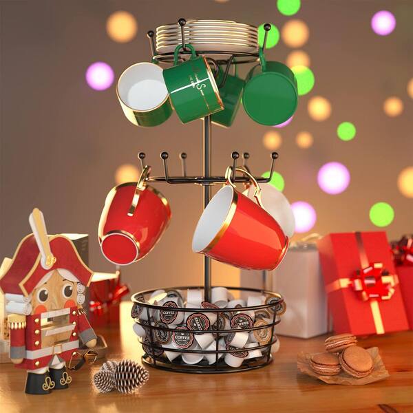 Coffee Bar and Kitchen Series 10-Hook Black 3-Tier 360° Rotating Rust-Resistant Heavy-Duty Metal Mug Tree Rack