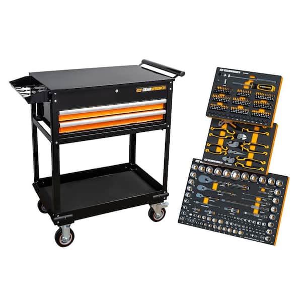 MEGAMOD 32 in. W x 20 in. D 2-Drawer Rolling Utility Cart with Mechanics Tool Set in Foam Storage Trays (194-Piece)