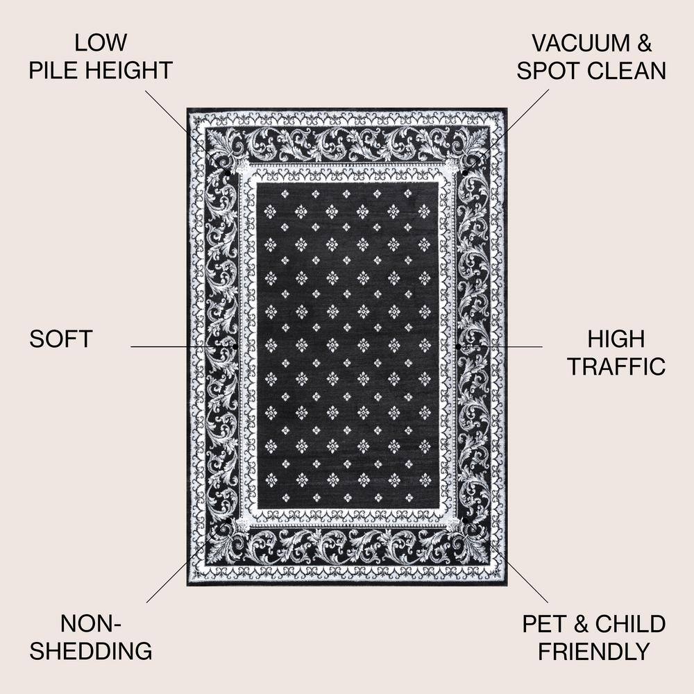 Black and Gray Synthetic Round French Border Area Rug