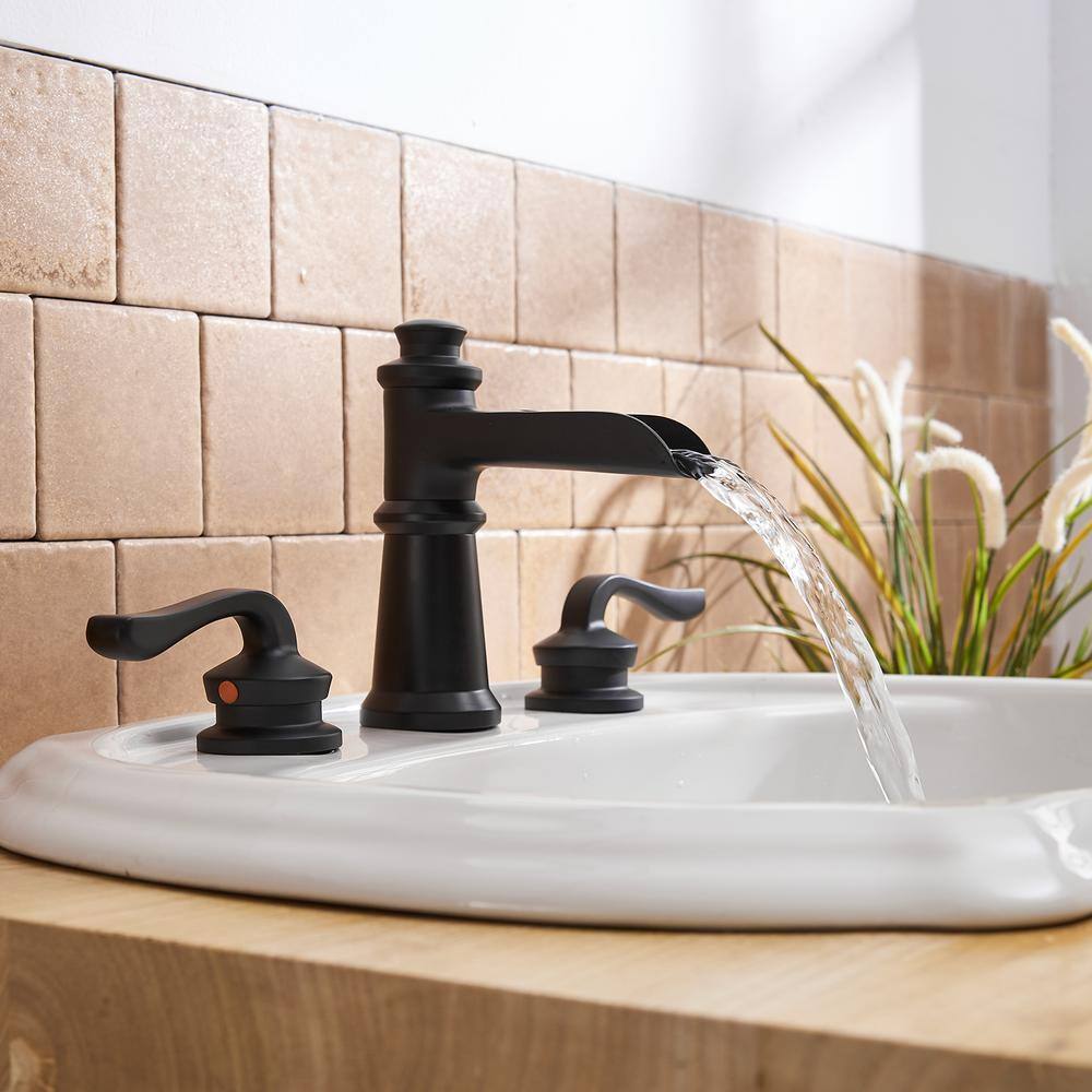 Matte Black Widespread Waterfall Bathroom Faucet with Lever Handles