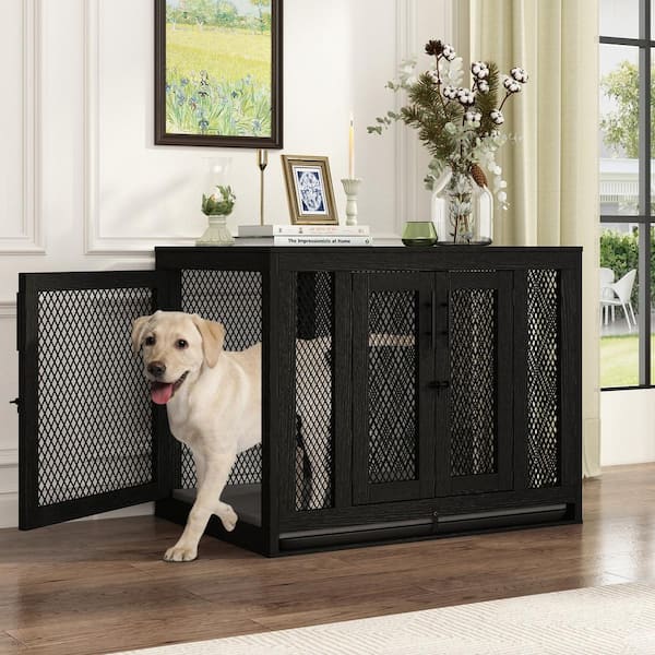 FUFU&GAGA Large Wooden Dog Kennel Dog House Furniture with Cushion Indoor Heavy-Duty Dog Cage for Large Medium Small Dogs in Black