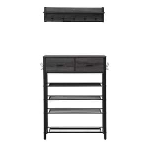42.32 in. H 12-Pair Black Shoe Rack with Two Drawers and Coat Rack