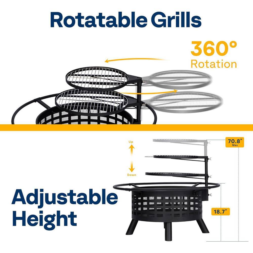36-Inch Black Metal Round Fire Pit with Dual Grills