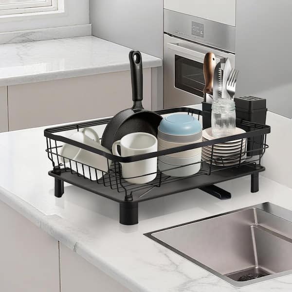 Matte Black Kitchen Dish Rack with Drainboard and Utensil Holder
