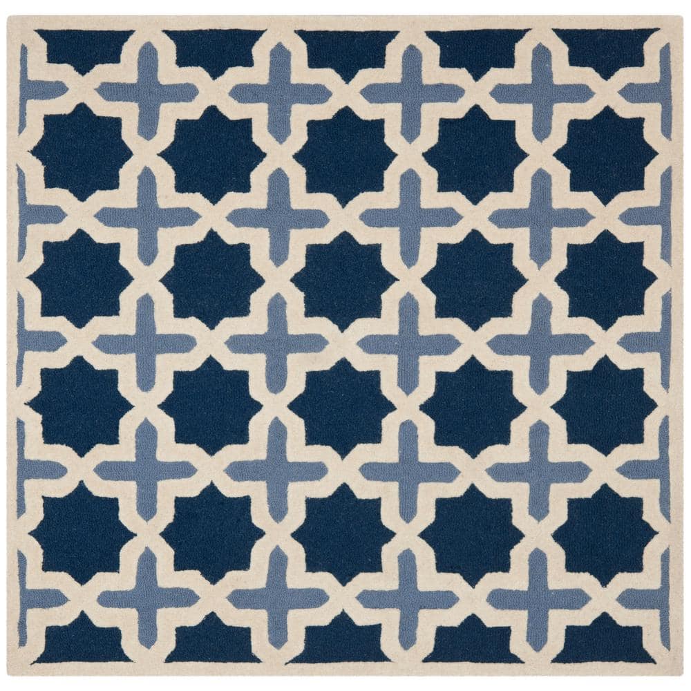 Ivory and Blue Geometric Wool 10' x 10' Square Rug