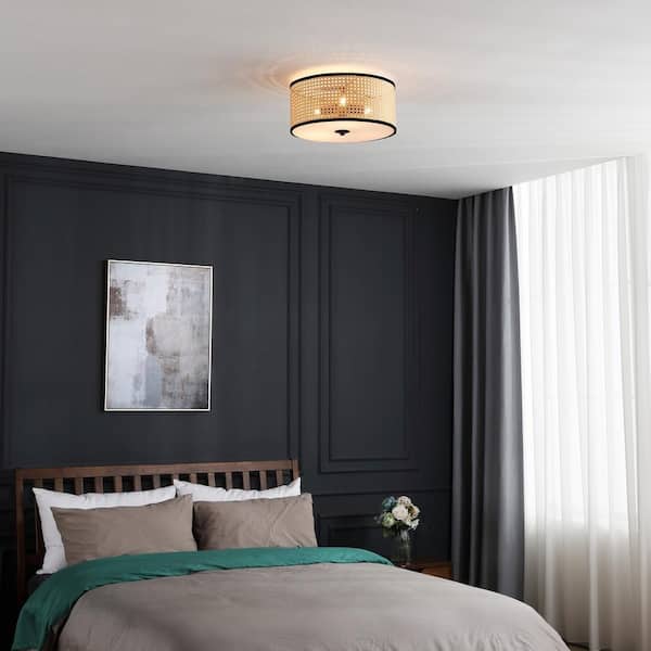 Nakuv 3-Light 15 in. Beige Modern Bohemian Flush Mount Fixture with PVC Rattan Shade and Velvet Stitched Rim