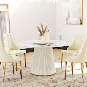 53.15 in. Rotable Round Lazy Susan Sintered Stone Tabletop Kitchen Dining Table with White Pedestal Metal Base (6 Seats)