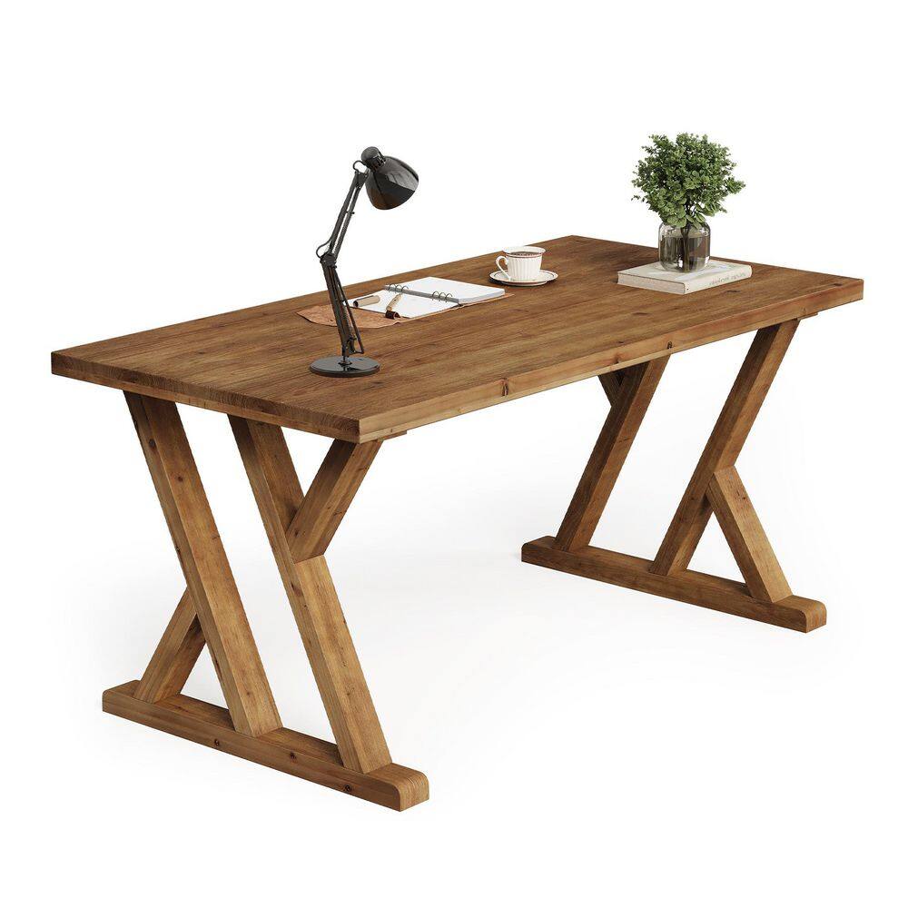 Moronia 63 in. Rectangular Rustic Brown Solid Wood Home Office Desk. Farmhouse Executive Desk with X Shaped Legs