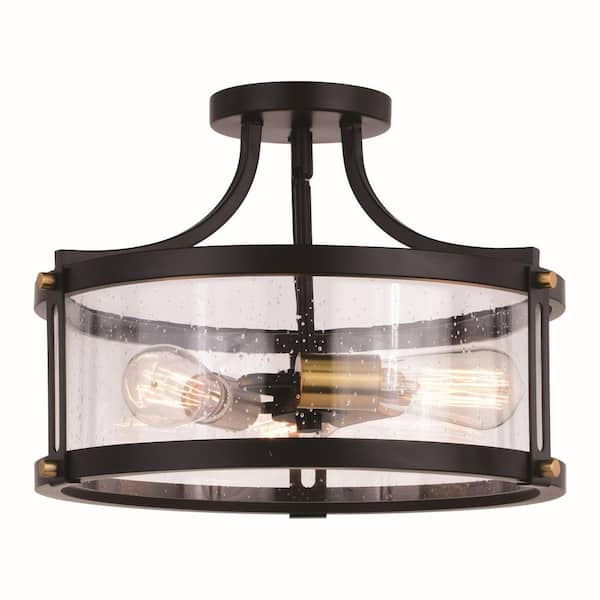 VAXCEL Holbrook 15.75 in. W Black Industrial Semi-Flush Mount Ceiling Light Clear Glass