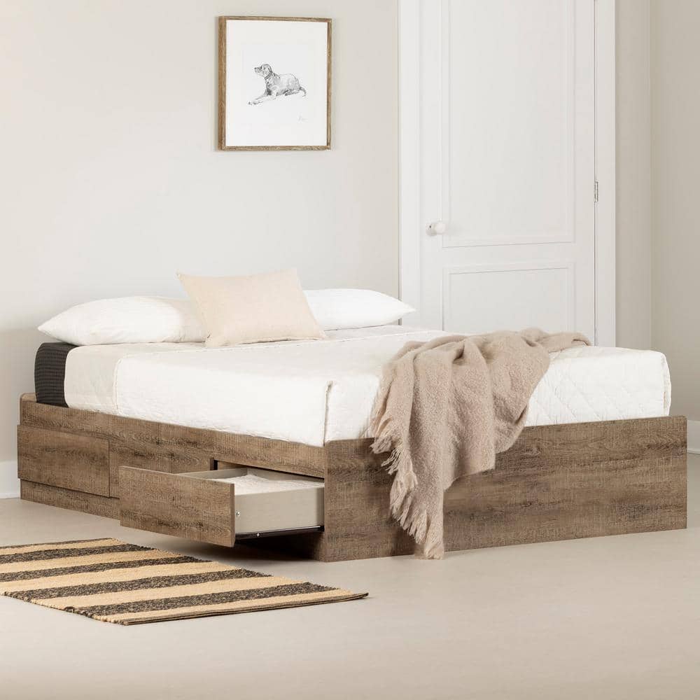 Weathered Oak Full Platform Bed with 3 Storage Drawers
