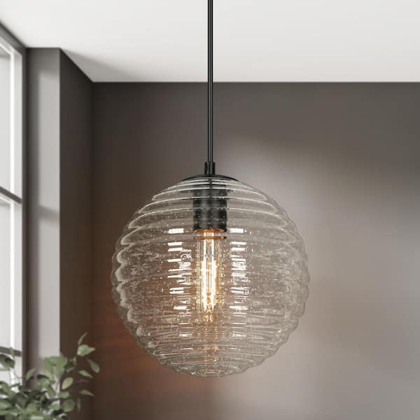 Zevni Modern 1-light Matte Black Pendant Light with Striped Seeded Clear Glass Globe, Hanging Lamp for Dining Room