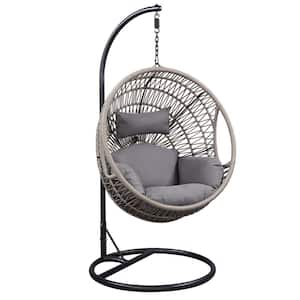 Brown Polyester Patio Hanging Chair with Stand, Gray Cushions
