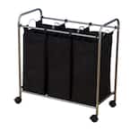 Satin Silver and Black Polyaster Laundry Sorter Hamper Triple Bags and Wheels