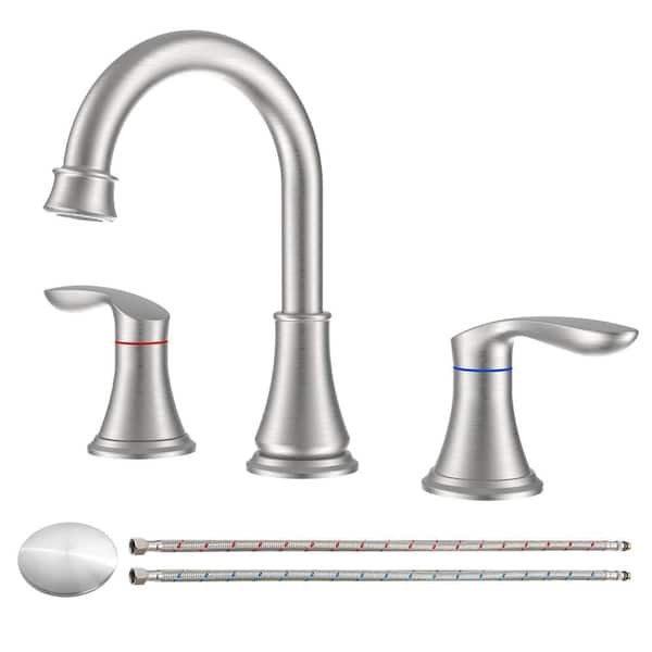 AIMADI 8 in. Widespread Double Handle Bathroom Faucet with Drain Assembly Brass 3-Hole Bathroom Sink Taps in Brushed Nickel