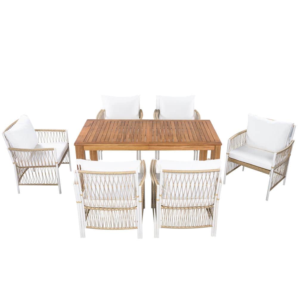 7-pcs Wood Outdoor Dining Table Set,With Beige Cushion Rectangular Table with 6 Rattan Arm Chairs for Garden price history on PriceWatchPro