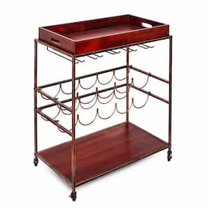 Avalon 28 in. x 16 in. x 32 in. Wine and Serving Cart in Antique Copper, Rosewood Stained Rubberwood