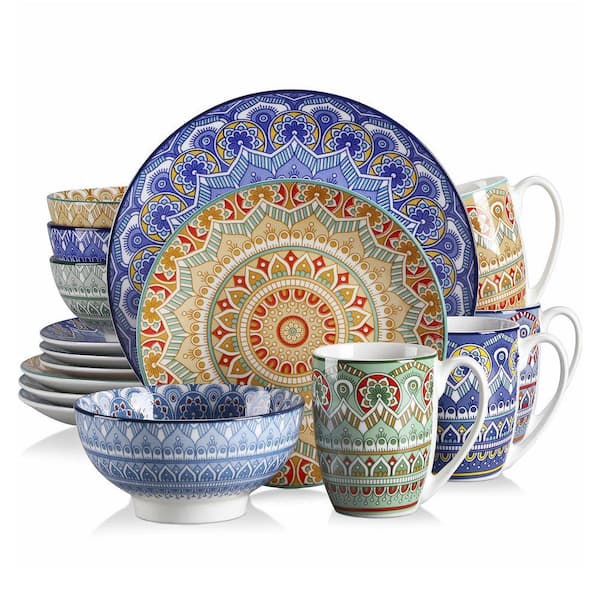 16-Piece Multicolored Porcelain Dinnerware Set Service for 4 Mandala Pattern Tableware Dining Set with Bowls Plates Mugs