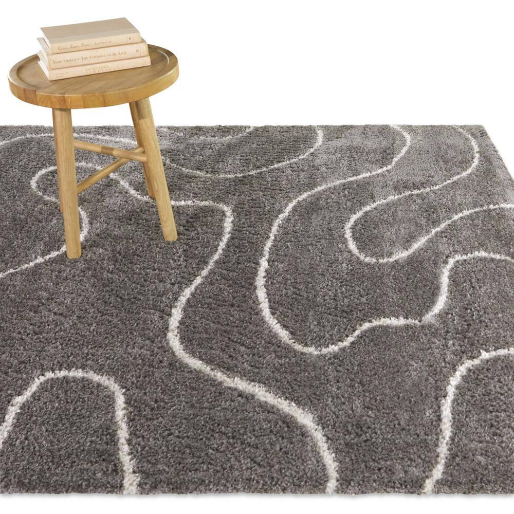 Charcoal and Cream Synthetic Stain-Resistant Stripe Area Rug