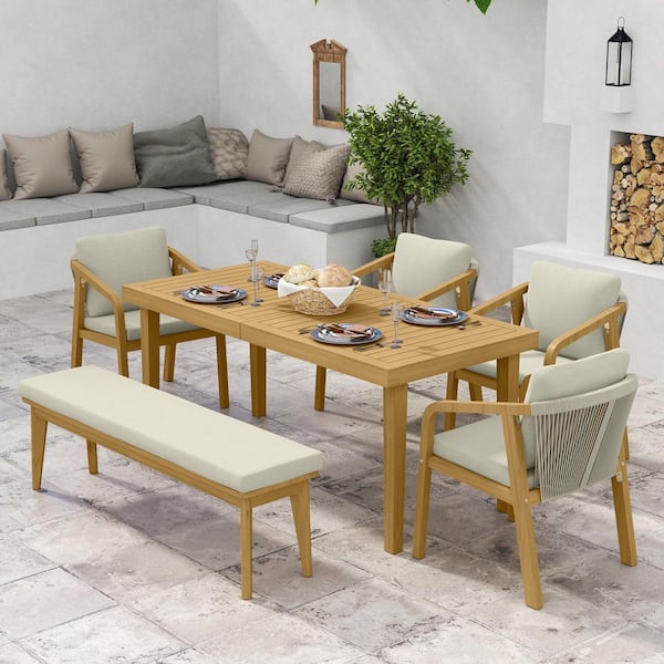 6-Piece Acacia Wood Outdoor Dining Set with Beige Cushions and Bench