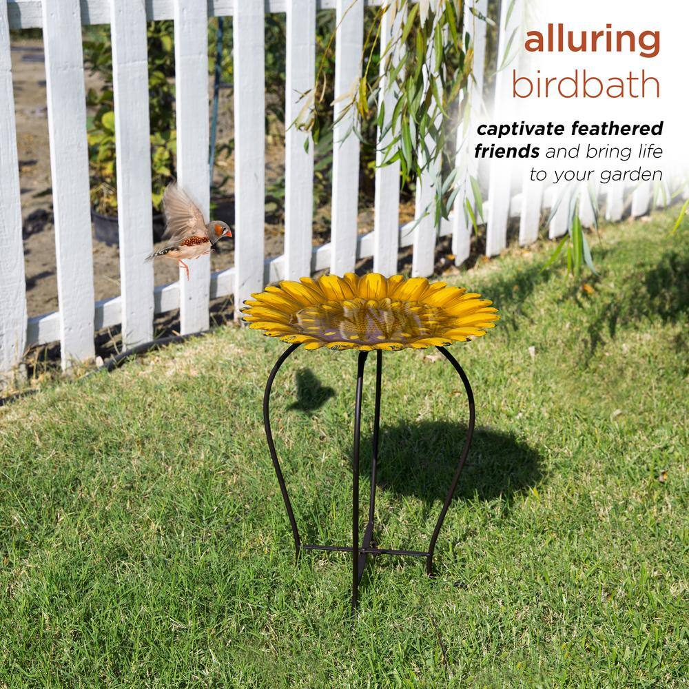 Yellow Metal Sunflower Bird Bath with Stand, 19"