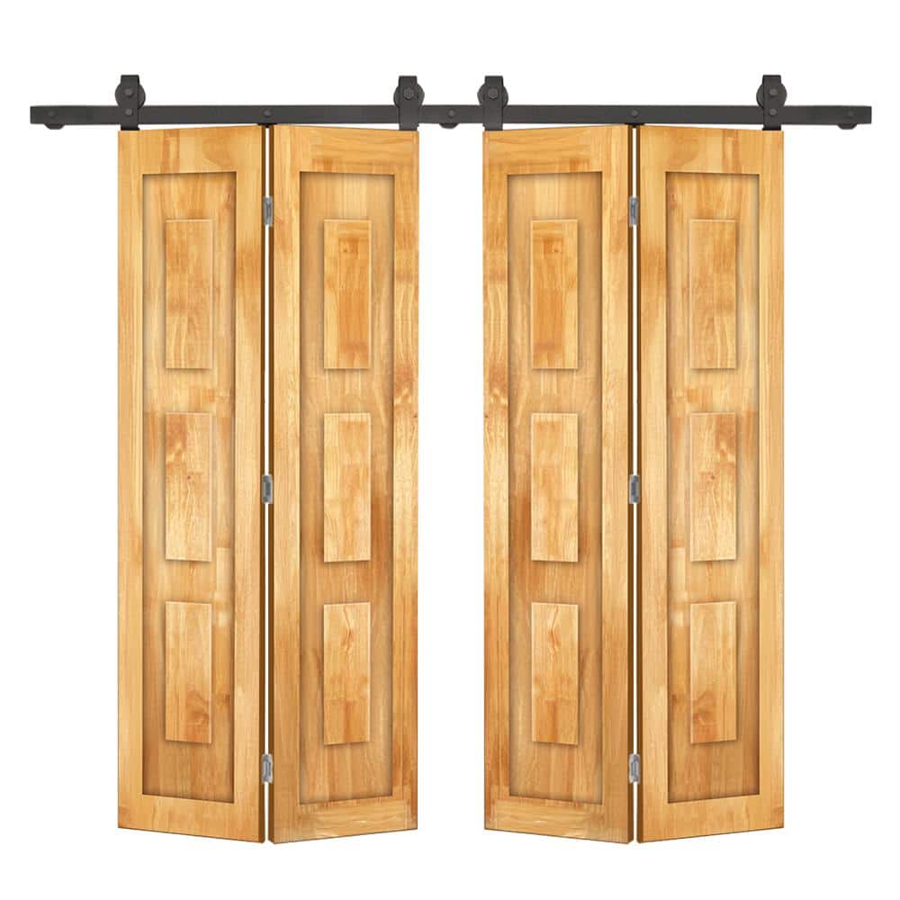56 in. x 84 in. 3-Panel Shaker Hollow Core Weather Oak Pine Wood Double Bi-Fold Door with Barn Door Hardware Kit price history on PriceWatchPro