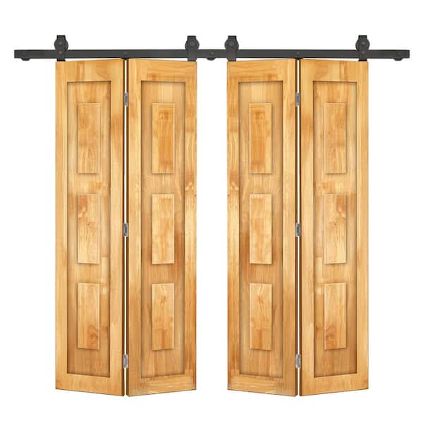 CALHOME 64 in. x 80 in. 3 Panel Shaker Hollow Core Weather Oak Pine Wood Double Bi-fold Door with Barn Door Hardware Kit
