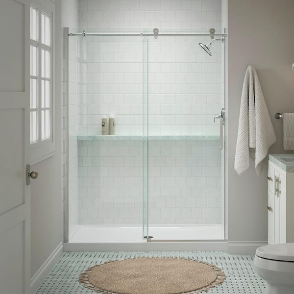 KOHLER Cursiva 56-60 in. W x 78 in. H Sliding Frameless Shower Door in Bright Polished Silver KOHLER Cursiva 56-60 in. W x 78 in. H Sliding Frameless Shower Door in Bright Polished Silver