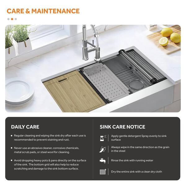 Glacier Bay Zero Radius Farmhouse/Apron-Front 16g Stainless Steel 36 in. Single Bowl Workstation Kitchen Sink with Accessories, Silver