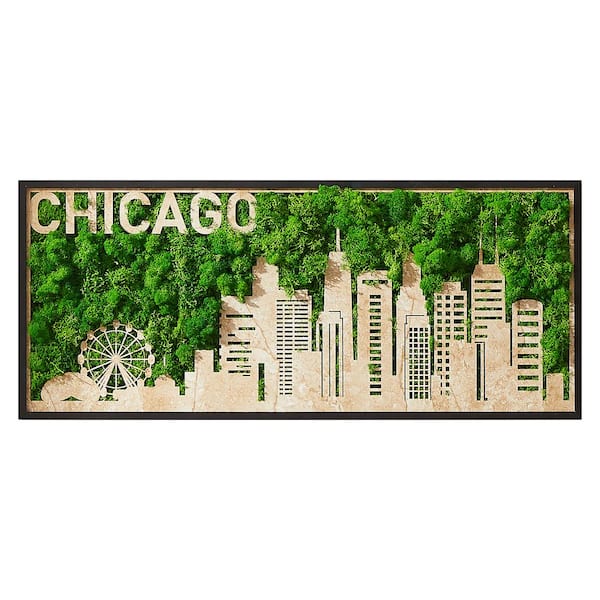 Unbranded 30 in. W x 12.6 in. H Metal Green Chicago Moss City Silhouette Wall Art