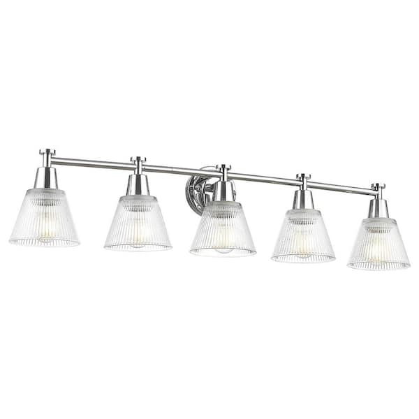 JAZAVA 37.4 in. 5-Light Chrome Vanity Light with Fluted Ripple Glass Shade Bathroom Lights Over Mirror for Kitchen