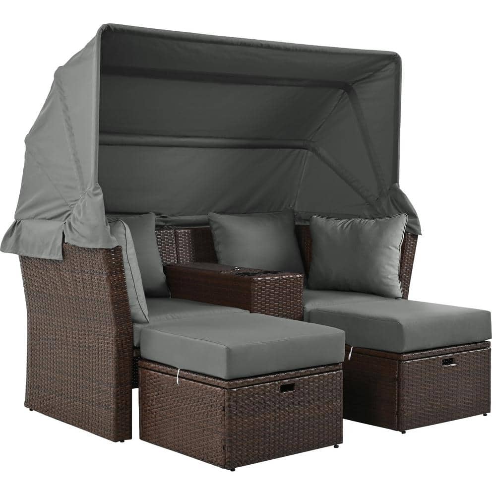  Wicker Outdoor Double Day Bed with Gray Cushions, 2-Seater Patio Daybed, Outdoor Loveseat Sofa Set with Foldable Awning