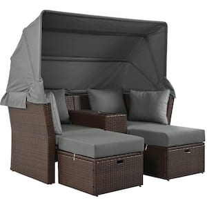 Wicker Outdoor Double Day Bed with Gray Cushions, 2-Seater Patio Daybed, Outdoor Loveseat Sofa Set with Foldable Awning