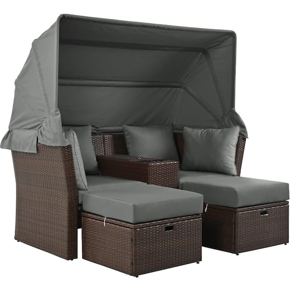 Unbranded Wicker Outdoor Double Day Bed with Gray Cushions, 2-Seater Patio Daybed, Outdoor Loveseat Sofa Set with Foldable Awning