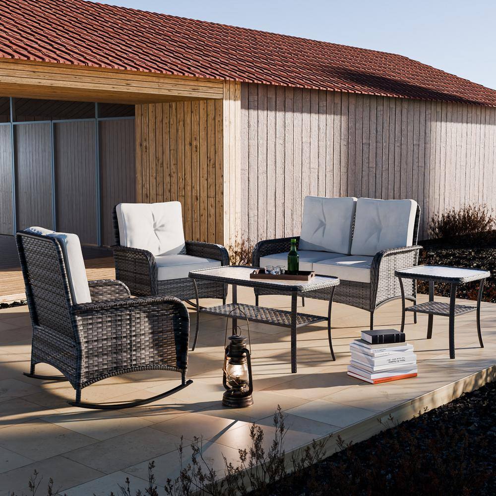 5-Piece Beige Cushioned Steel Frame Outdoor Patio Set