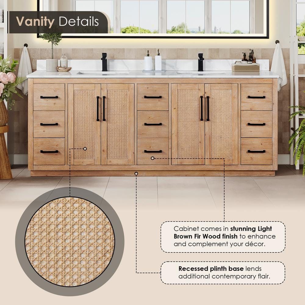 Floral 84" Light Brown Fir Wood Vanity with Calacatta White Quartz Top and Mirror