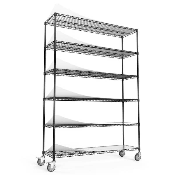 Amucolo 6-Tier Black Heavy Duty Storage Wire Rack with Wheels, 6000 lbs. NSF Height Adjustable Metal Garage Storage Rack