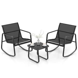 3-Piece Metal Outdoor Bistro Patio Rocking Set 2 Rocking Bistro Chairs and Glass-Top Table for Porch