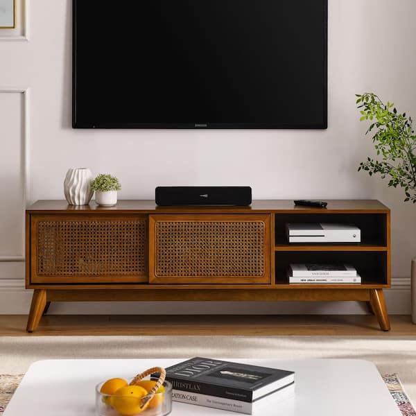 Brown Ebony 59 in. Mid Century Rattan TV Stand, Solid Wood Feet Entertainment Cabinet w/Storage(Max TV Size 65 in.)