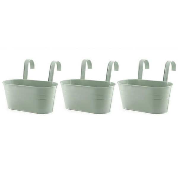 3 Pack Metal Iron Hanging Flower Pot, Oval Railing Fence Garden Balcony Planter Pots, Metal Bucket Flower Holders, Green