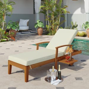 Brown Solid Wood Outdoor Lounge Chair with Beige Cushion and Sliding Cup Table