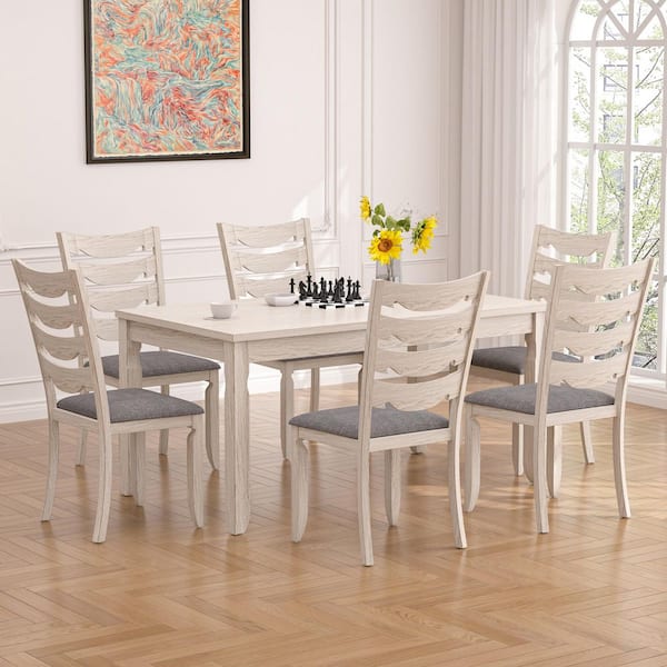 VECELO 63 in. Gray Wood Top Farmhouse Dining Table Set with Ladder Back Chairs, 7 Pieces Kitchen Set for 6