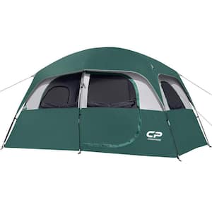 11 ft. x 7 ft. 6-Person Easy Up Camping Dome Tent Ground Pegs and Stability Poles, Sun Shelter Dark Green