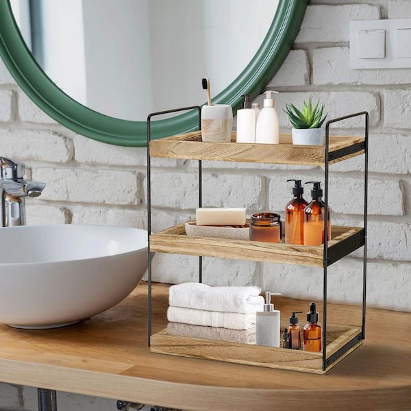 Dyiom 3-Tier Bathroom Countertop Organizer - Wood Bathroom Countertop Bathroom Trays for Counter, 6.7 in., Metal,Brown