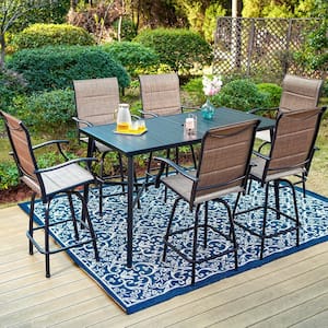 Black 7-Piece Metal Rectangle Outdoor Patio Bar Set with Wood-Look Bar Table and Padded Swivel Bistro Chairs