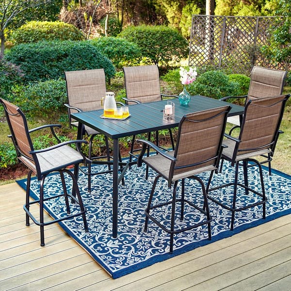 PHI VILLA Black 7-Piece Metal Rectangle Outdoor Patio Bar Set with Wood-Look Bar Table and Padded Swivel Bistro Chairs