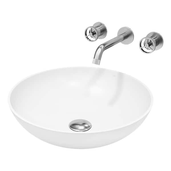 Matte Stone Lotus Composite Round Vessel Bathroom Sink in White with Wall-Mount Faucet and Drain in Brushed Nickel