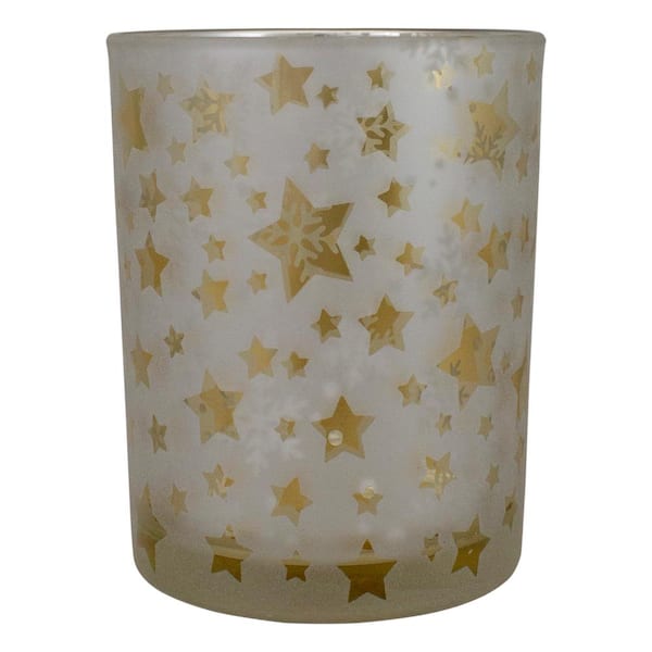 5 in. Matte Silver and Gold Stars and Snowflakes Flameless Glass Candle Holder