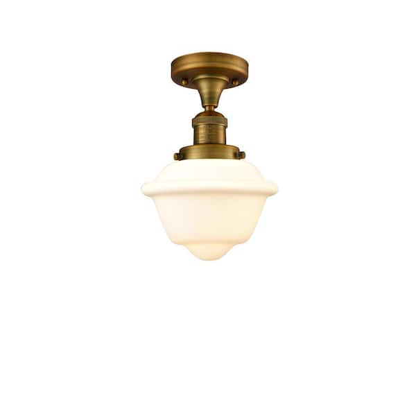 Oxford 7.5 in. 1-Light Brushed Brass Traditional Semi-Flush Mount with Frosted Glass Shade