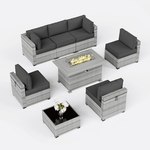 Kimunuk 15-Piece Wicker Outdoor Patio Sectional Conversation Set with Cushions and Fire Pit Table Black