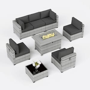 8-Piece Wicker Outdoor Patio Sectional Conversation Set with Cushions and Fire Pit Table Black